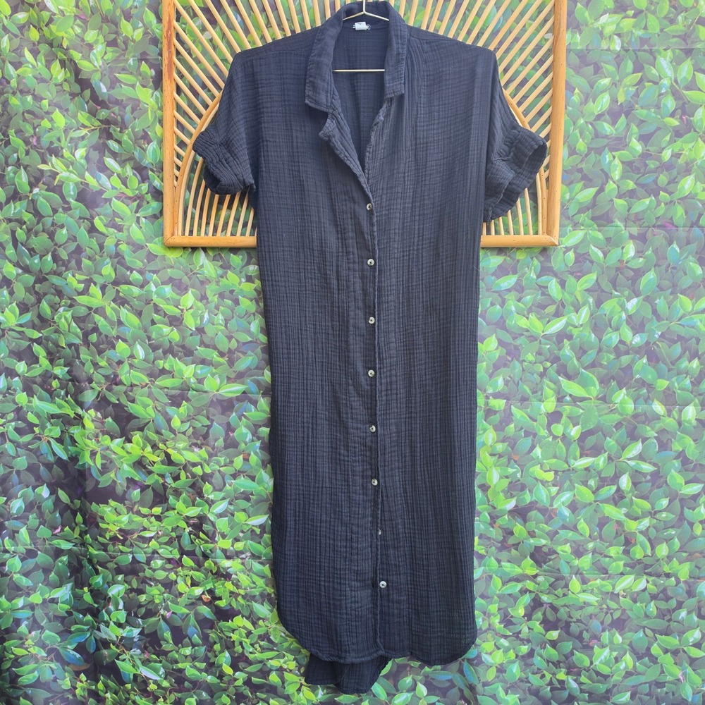 Anthropologie Black Gauze Twist Back Button Front Midi Shirt Dress M OB1540371